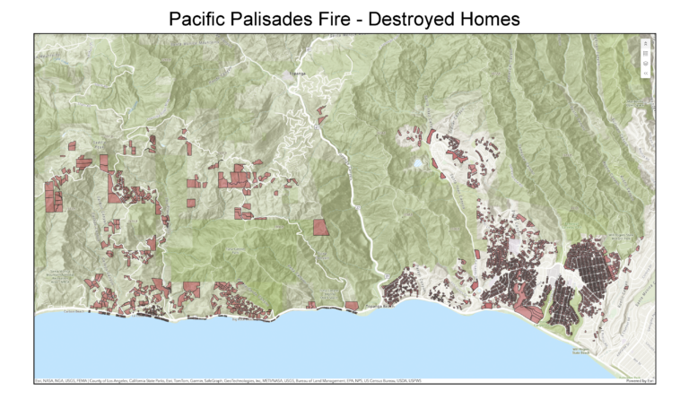 map of homes destroyed by Palisades Fire