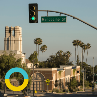 Climate Resolve Street View in Mendocino and Los Angeles A Los Angeles street scene featuring a traffic light and Mendocino Street sign, with palm trees and buildings in the background, and a Climate Resolve logo overlay.