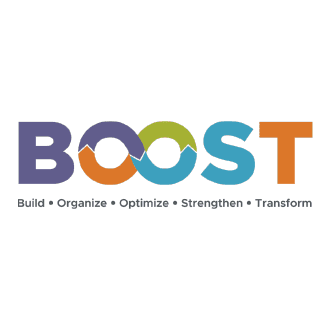 BOOST logo with colorful overlapping letters spelling “BOOST” and the tagline “Build • Organize • Optimize • Strengthen • Transform” underneath
