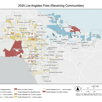 Map of 2025 Los Angeles fires and receiving communities Map titled “2025 Los Angeles Fires (Receiving Communities)” showing neighborhoods across Los Angeles with color-coded areas indicating Eaton Fire and Pacific Palisades Fire start and end locations, along with affected and receiving communities