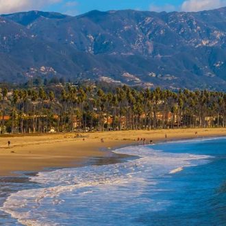 Wide view of a Southern California coastline with sandy beach, ocean waves, and rows of palm trees, with mountains rising in the background under a clear sky