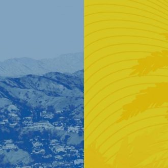 Split graphic showing a blue-toned mountain landscape on one side and a yellow overlay with a palm tree silhouette on the other, representing contrasting climate or regional themes